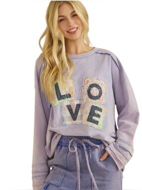 Sage + Fig Lavender LOVE Patchwork Oversized Pullover Top -NWT